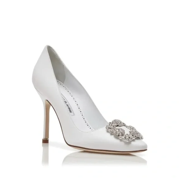 Manolo Blahnik leather Hangisi 90 crystal-embellished white pumps size 40 - Picture 1 of 13